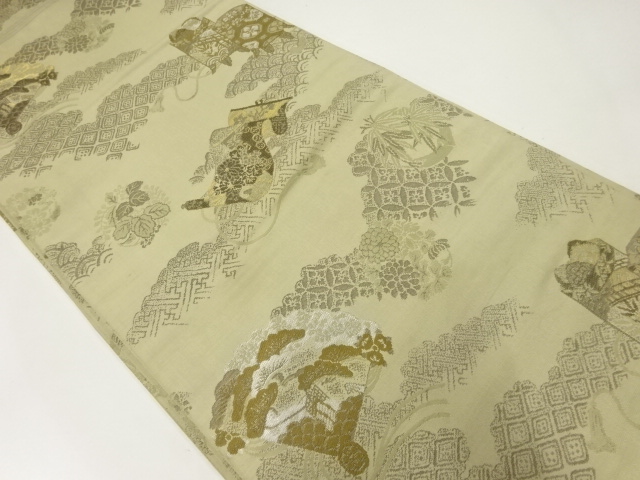 JAPANESE KIMONO / ANTIQUE MARU OBI / WOVEN FAN & BUCKET PATTERN